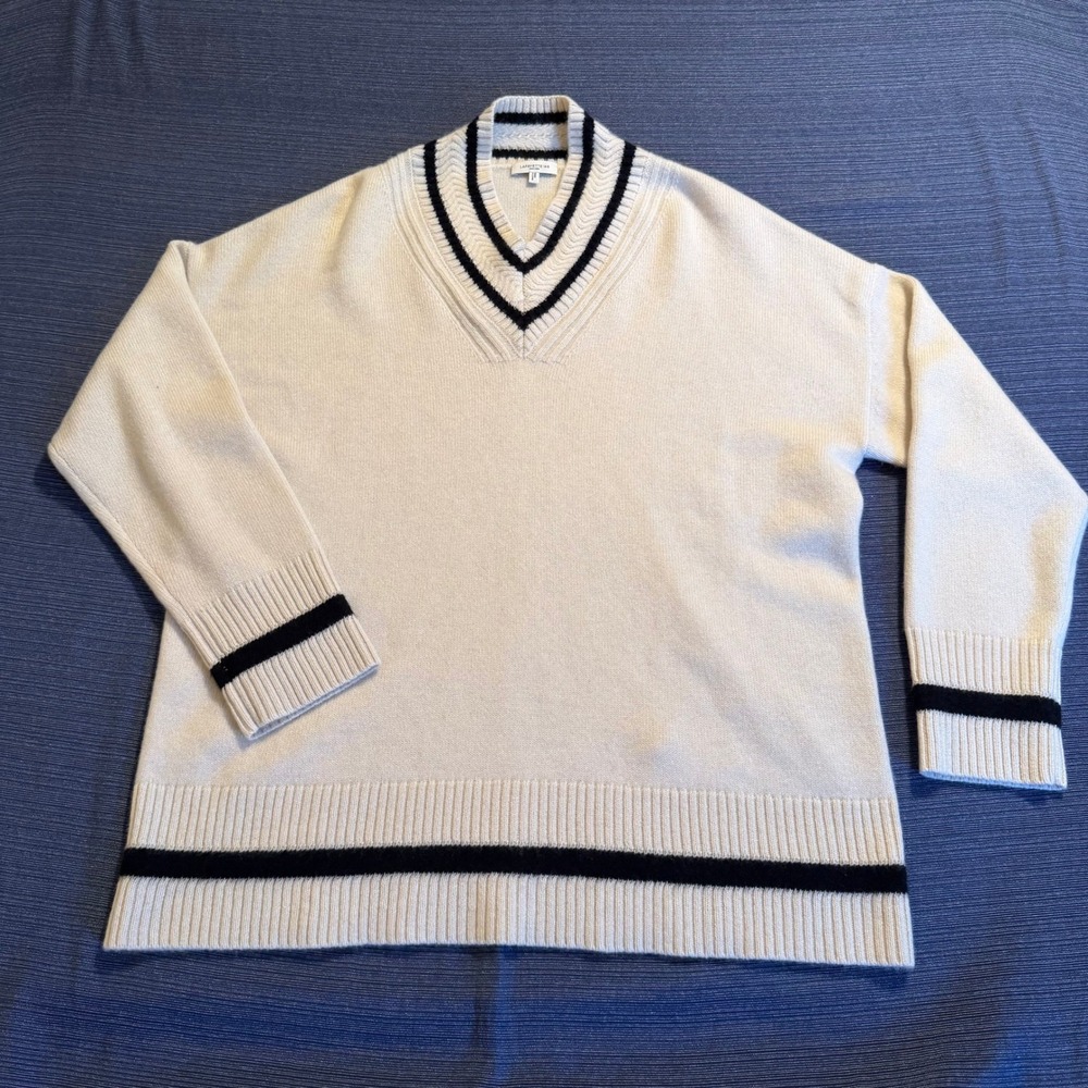 Lafayette 148 New York 100% Cashmere V-Neck Cricket Sweater Cream Navy M